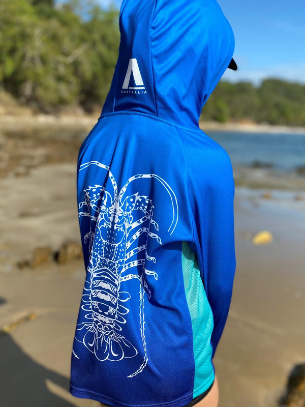 Fishing shirt, crayfish. UPF 50 material. hooded. australian made.