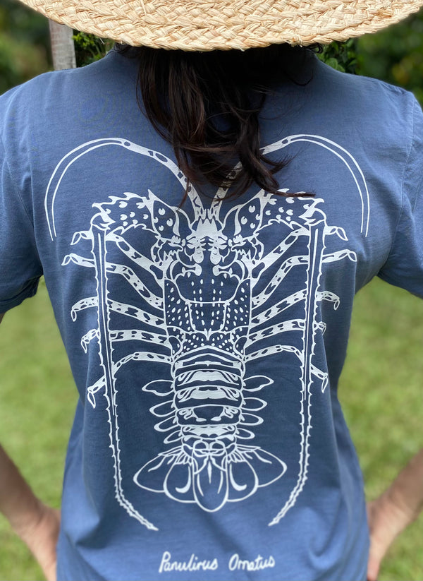 hand printed in Port Douglas. crayfish. faded blue.