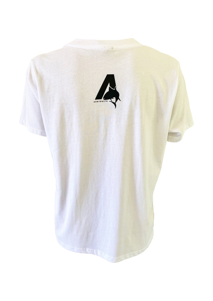 white t-shirt, logo on back.