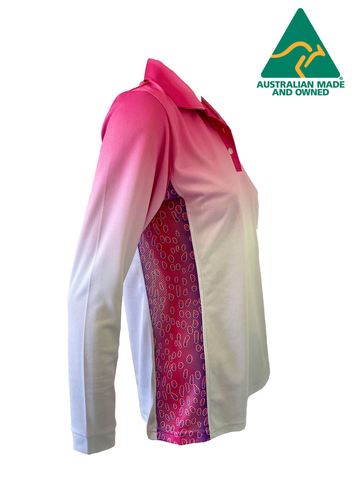 ladies Pink Fishing Shirt. UPF50 protection. performance wear.