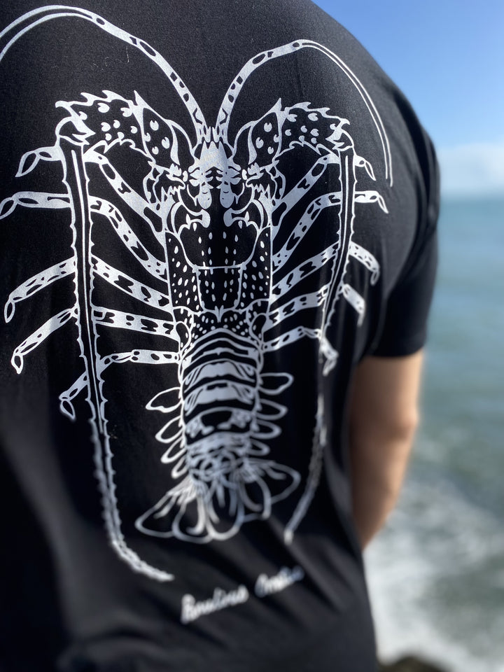 Crayfish. white print. black t-shirt. Sea Creature collection.