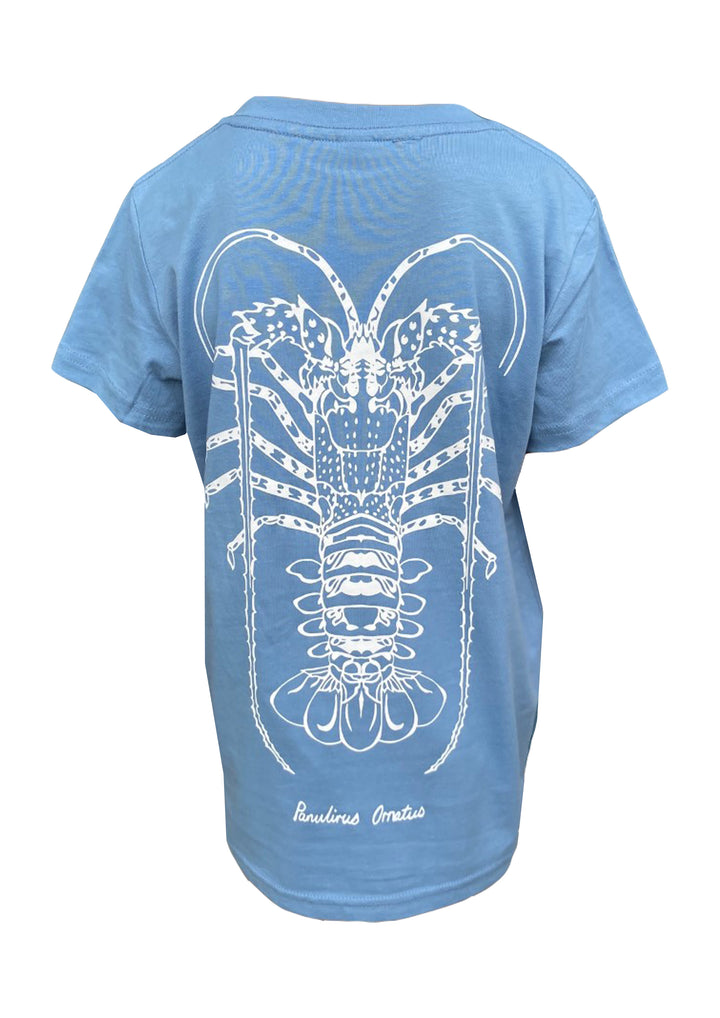 screen printed. crayfish design. sky blue.