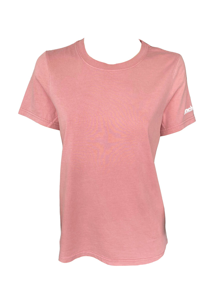 Dusty Pink t-shirt. logo on sleeve.